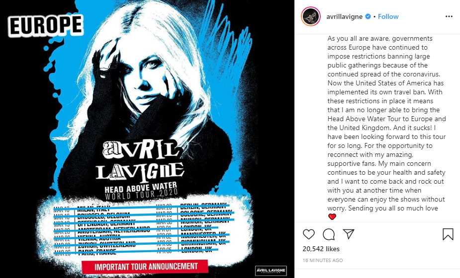 Avril Lavigne's tour cancellation announcement