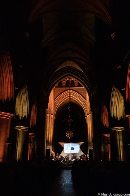 Southwark Cathedral's interior bathed in yellow and orange light